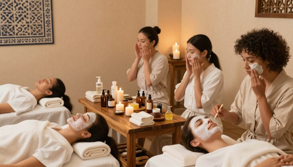A serene spa environment showcasing a gentle and relaxing post-treatment skin care ritual. In the foreground, a diverse group of individuals, dressed in modest, comfortable loungewear, are applying soothing skincare products like oils, creams, and masks on their faces. In the middle, a beautifully arranged wooden table holds various natural skincare products and warm towels. The background features softly lit, warm-toned walls with traditional hammam decor, including intricate tile patterns and soft candlelight. The atmosphere is tranquil and rejuvenating, conveying a sense of self-care and pampering. Use soft, diffused lighting to enhance the calming effect, captured from a slight overhead angle to provide a holistic view of the ritual. A serene spa environment showcasing a gentle and relaxing post-treatment skin care ritual. In the foreground, a diverse group of individuals, dressed in modest, comfortable loungewear, are applying soothing skincare products like oils, creams, and masks on their faces. In the middle, a beautifully arranged wooden table holds various natural skincare products and warm towels. The background features softly lit, warm-toned walls with traditional hammam decor, including intricate tile patterns and soft candlelight. The atmosphere is tranquil and rejuvenating, conveying a sense of self-care and pampering. Use soft, diffused lighting to enhance the calming effect, captured from a slight overhead angle to provide a holistic view of the ritual.