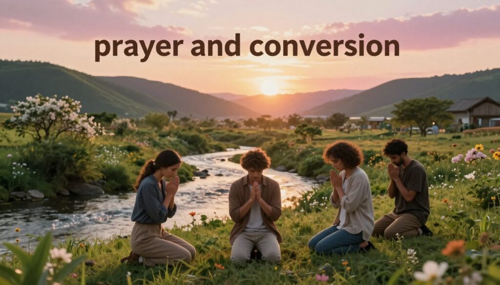 A serene spiritual scene depicting the theme of "prayer and conversion" in a picturesque setting. In the foreground, a diverse group of three people, dressed in modest casual clothing, kneeling in prayer with hands clasped, their expressions reflecting deep contemplation and hope. The middle ground features a gently flowing river symbolizing renewal, surrounded by lush greenery and blooming flowers representing growth and transformation. In the background, soft rolling hills and a radiant sky at sunset, casting warm golden and pink hues, evoking a sense of peace and divine presence. The scene is illuminated with soft, ethereal lighting to create a calming, inspirational atmosphere, encouraging reflections on faith and spiritual awakening. The angle is slightly elevated, giving a panoramic view of the landscape, enhancing the feeling of connection with nature.