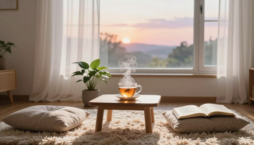 A serene sunlit room designed for morning affirmations. In the foreground, a cozy meditation space with soft cushions and a plush rug. A gentle stream of warm morning light filters through sheer curtains, illuminating a small table adorned with a steaming cup of herbal tea and a journal opened to a page of handwritten affirmations. In the middle, a potted plant adds a touch of greenery, symbolizing growth and positivity. The background features a window revealing a tranquil morning landscape with soft pastel colors in the sky. The overall atmosphere is calm and uplifting, evoking feelings of peace and mindfulness to inspire a positive start to the day.