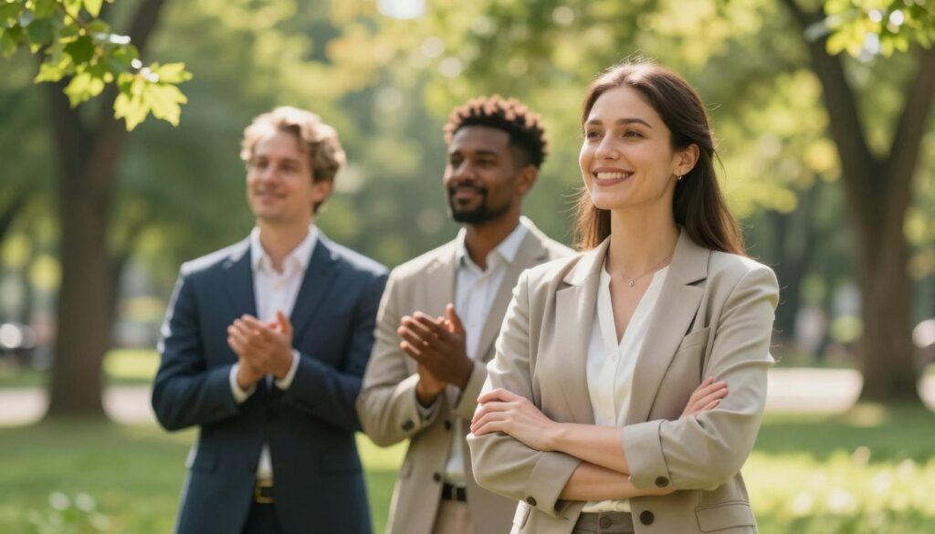 A serene, uplifting scene that embodies the concept of self-affirmation, featuring a diverse group of three individuals standing in a sunlit park. In the foreground, a confident woman in a smart casual outfit is smiling, expressing her positive affirmations through her body language. Beside her, a man in business attire nods in agreement, showcasing a supportive demeanor. The background consists of lush green trees and soft sunlight filtering through, creating a warm, inviting atmosphere. A gentle breeze rustles leaves, symbolizing growth and positivity. The mood is one of empowerment and tranquility, captured with a slightly blurred depth of field to emphasize the subjects, shot with a warm color palette and natural lighting for a sense of hope and confidence.