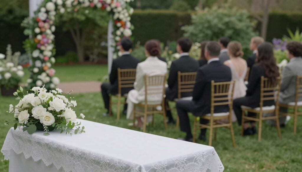 A serene wedding altar scene bathed in soft, natural light, capturing a moment of anticipation. In the foreground, an elegantly decorated altar adorned with white flowers and delicate lace. The middle ground features beautifully arranged chairs for guests, all set in a lush garden, creating an intimate atmosphere. In the background, hints of a vibrant floral archway blur gently, suggesting the absence of both the bride and groom at this pivotal moment. The mood is reflective and somber, emphasizing the significance of their absence. The scene is framed from a slightly elevated angle, allowing the viewer to appreciate the entire setting while conveying a feeling of longing. A serene wedding altar scene bathed in soft, natural light, capturing a moment of anticipation. In the foreground, an elegantly decorated altar adorned with white flowers and delicate lace. The middle ground features beautifully arranged chairs for guests, all set in a lush garden, creating an intimate atmosphere. In the background, hints of a vibrant floral archway blur gently, suggesting the absence of both the bride and groom at this pivotal moment. The mood is reflective and somber, emphasizing the significance of their absence. The scene is framed from a slightly elevated angle, allowing the viewer to appreciate the entire setting while conveying a feeling of longing.