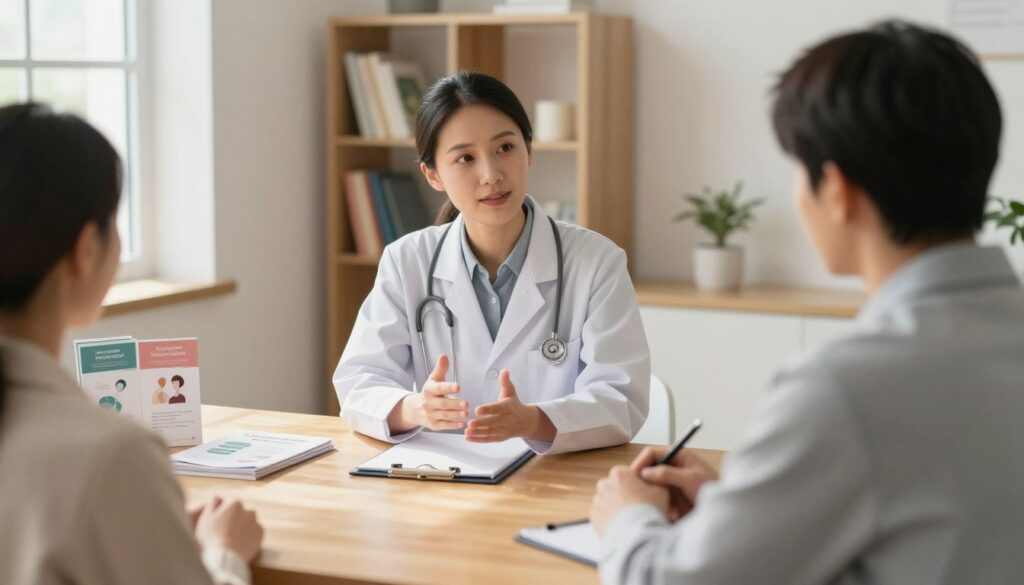 A serene, well-lit consultation room featuring a professional healthcare specialist in modest business attire, engaged in a thoughtful discussion with a patient. The foreground shows a wooden table with a few wellness brochures and a notepad, reflecting an atmosphere of care and professionalism. The middle ground reveals both individuals, with the specialist displaying a compassionate expression, using hand gestures to emphasize understanding and support. In the background, a cozy shelf filled with books on mental health and wellness creates a warm and inviting ambiance. Soft, natural lighting filters through a window, casting gentle shadows and enhancing the calming environment. The image conveys a sense of trust, openness, and a clear invitation for individuals to seek guidance when experiencing post-ritual symptoms.