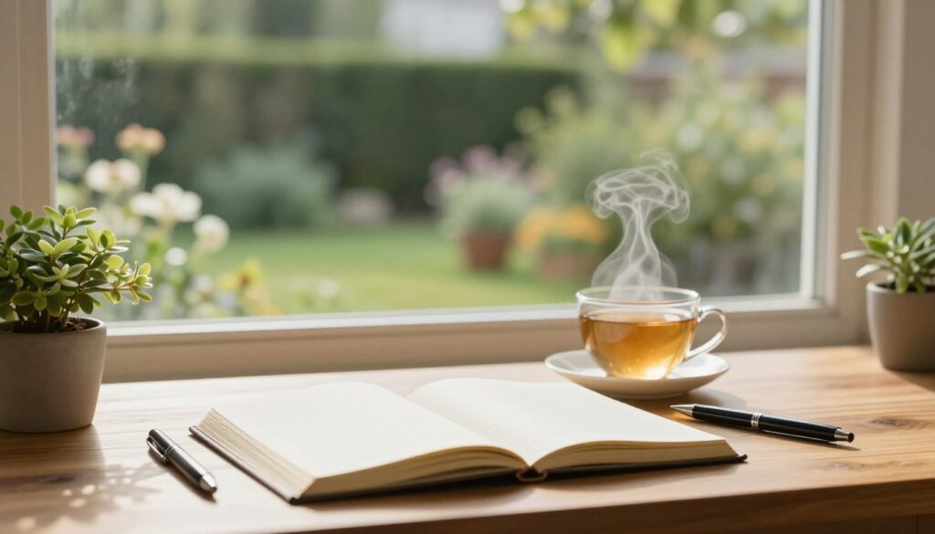 A serene workspace featuring a polished wooden desk, with a tranquil view of a peaceful garden through a large window. In the foreground, an open journal lays on the desk, surrounded by neatly arranged pens and a small potted plant, symbolizing focus and calmness. Midway, a light, soft-focus scene captures a gentle cup of herbal tea steam rising, portraying relaxation. The background showcases soft, muted colors of the garden outside, where lush greenery and blooming flowers create a harmonious atmosphere. Natural sunlight streams in, casting warm, inviting light across the workspace, enhancing the peaceful mood. The overall ambiance conveys a sense of tranquility and concentration, illustrating the essence of effective affirmations for calmness.