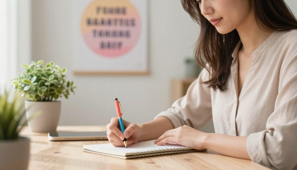 A serene workspace featuring a thoughtful professional woman sitting at a desk, writing affirmations on a notepad. In the foreground, a close-up of her hand holding a colorful pen, emphasizing the act of writing. The middle ground displays an elegant potted plant and a motivational poster on the wall, illustrating the concept of manifestation. The background has soft, diffused lighting from a nearby window, casting gentle shadows and creating a warm atmosphere. The color palette consists of calming pastel shades, enhancing the mood of reflection and positivity. The composition should evoke a sense of mindfulness and focus, emphasizing the contrast between affirmation and manifestation without any text elements.