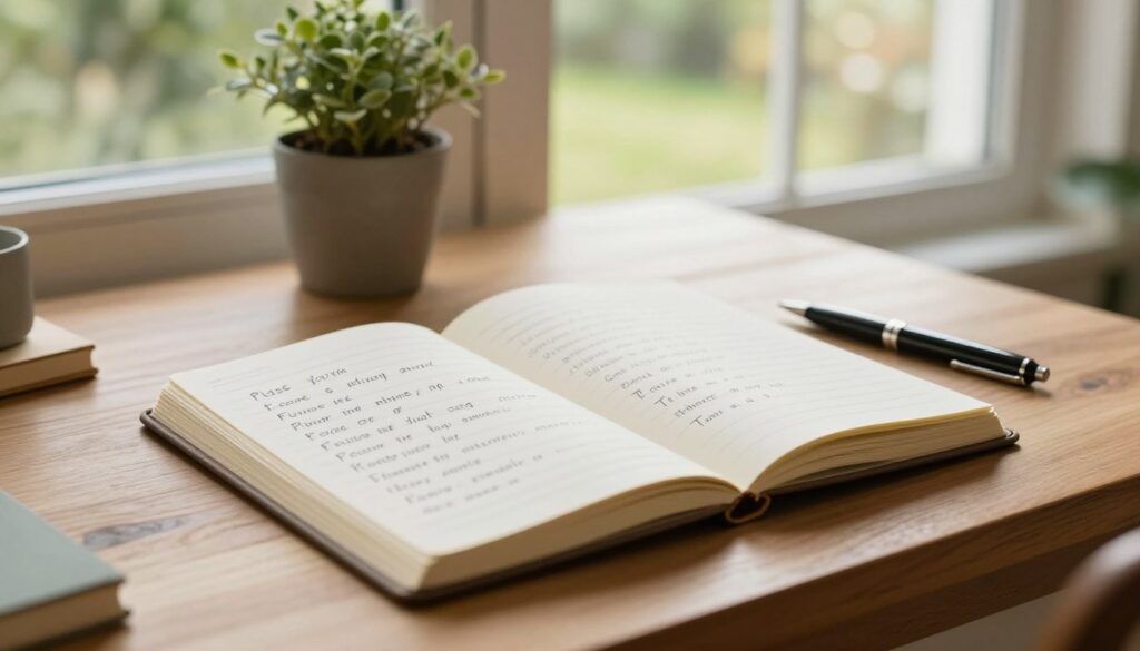 A serene workspace featuring a wooden desk illuminated by soft, natural light from a nearby window. On the desk, an open notebook filled with neatly written positive affirmations in elegant handwriting, accompanied by a stylish pen. A potted plant adds a touch of nature, enhancing the calm atmosphere. In the background, a blurred view of a peaceful outdoor scene, such as a garden bathed in sunlight. The angle of the shot focuses on the desk, creating an inviting and motivational ambiance. The mood is uplifting and tranquil, emphasizing the importance of daily affirmations in fostering peace, motivation, and self-confidence. A serene workspace featuring a wooden desk illuminated by soft, natural light from a nearby window. On the desk, an open notebook filled with neatly written positive affirmations in elegant handwriting, accompanied by a stylish pen. A potted plant adds a touch of nature, enhancing the calm atmosphere. In the background, a blurred view of a peaceful outdoor scene, such as a garden bathed in sunlight. The angle of the shot focuses on the desk, creating an inviting and motivational ambiance. The mood is uplifting and tranquil, emphasizing the importance of daily affirmations in fostering peace, motivation, and self-confidence.