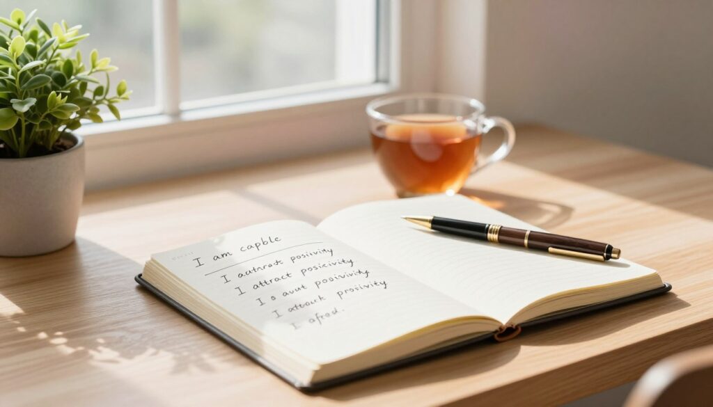 A serene workspace featuring a wooden desk with an open notebook and a beautifully crafted pen, symbolizing the creation of affirmations. In the foreground, the notebook displays handwritten positive affirmations such as "I am capable" and "I attract positivity." To the left, a potted plant adds a touch of nature, while a warm cup of tea rests nearby. In the middle ground, a bright window allows soft, natural light to flood the space, casting gentle shadows. The background showcases a calming pastel-colored wall, enhancing the atmosphere of positivity and focus. The scene conveys tranquility and inspiration, inviting viewers to embrace the practice of positive thinking. The perspective is slightly elevated as if viewed from a comfortable seating position, enhancing the intimacy of the workspace while maintaining a professional feel.