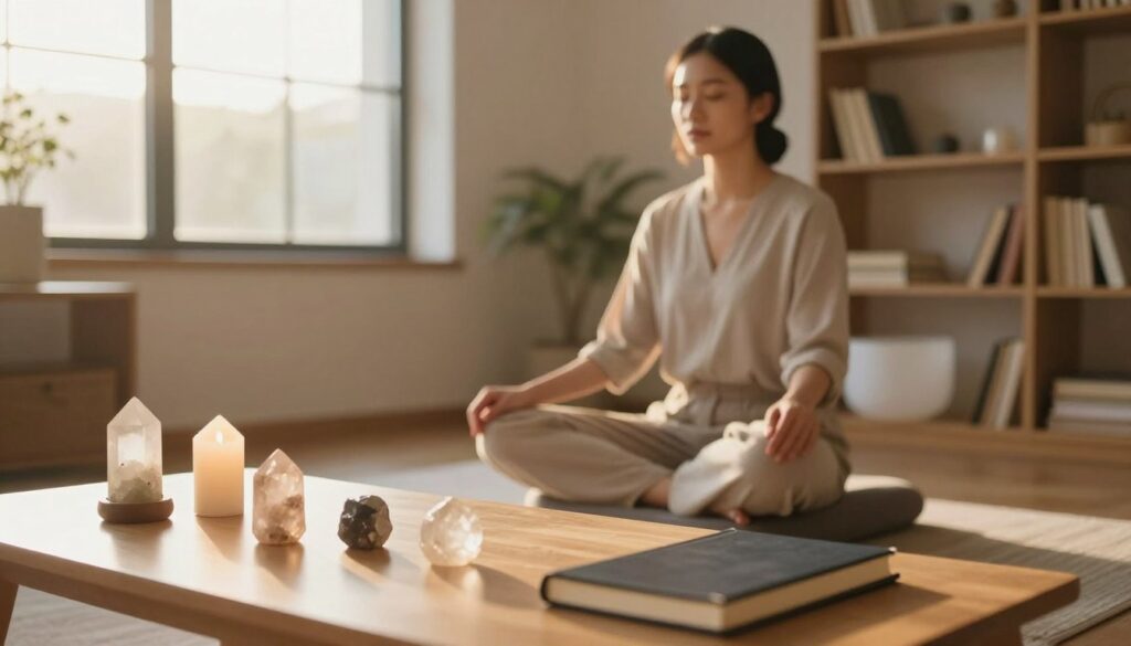 A serene workspace set for energy work preparation. In the foreground, a neatly arranged table with crystals, candles, and a closed journal, reflecting a sense of intentionality. The middle ground features a focused individual dressed in modest professional attire, seated cross-legged on a comfortable cushion, eyes closed in meditation, hands resting on their knees. The background shows soft, ambient lighting with shelves lined with books on energy work and healing practices. A large window allows warm, golden sunlight to filter in, casting gentle shadows that enhance the tranquil atmosphere. The overall mood is calm, purposeful, and focused on spiritual preparation, embodying the significance of choosing the right moment for energy work. A serene workspace set for energy work preparation. In the foreground, a neatly arranged table with crystals, candles, and a closed journal, reflecting a sense of intentionality. The middle ground features a focused individual dressed in modest professional attire, seated cross-legged on a comfortable cushion, eyes closed in meditation, hands resting on their knees. The background shows soft, ambient lighting with shelves lined with books on energy work and healing practices. A large window allows warm, golden sunlight to filter in, casting gentle shadows that enhance the tranquil atmosphere. The overall mood is calm, purposeful, and focused on spiritual preparation, embodying the significance of choosing the right moment for energy work.