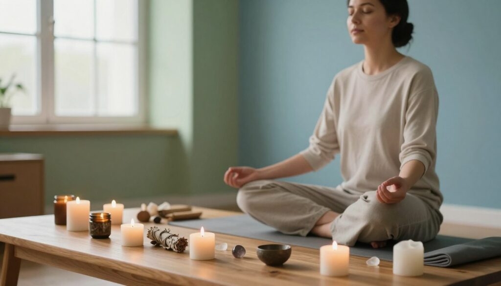 A serene workspace with a wooden table set for energy work, featuring candles, crystals, and sage arranged neatly in the foreground. A professional individual in modest casual clothing, eyes closed, sits cross-legged in a meditative pose, capturing a moment of preparation and focus. In the middle ground, subtle light filtering through a window casts gentle shadows, enhancing the ambiance. The background reveals soft, calming colors on the walls—earthy greens and calming blues—creating a tranquil atmosphere conducive to energy work. The overall scene is warm, inviting, and spiritually uplifting, evoking a sense of preparation and intention for a ritualistic practice. Soft, natural lighting highlights the details, conveying a peaceful, mindful energy. A serene workspace with a wooden table set for energy work, featuring candles, crystals, and sage arranged neatly in the foreground. A professional individual in modest casual clothing, eyes closed, sits cross-legged in a meditative pose, capturing a moment of preparation and focus. In the middle ground, subtle light filtering through a window casts gentle shadows, enhancing the ambiance. The background reveals soft, calming colors on the walls—earthy greens and calming blues—creating a tranquil atmosphere conducive to energy work. The overall scene is warm, inviting, and spiritually uplifting, evoking a sense of preparation and intention for a ritualistic practice. Soft, natural lighting highlights the details, conveying a peaceful, mindful energy.
