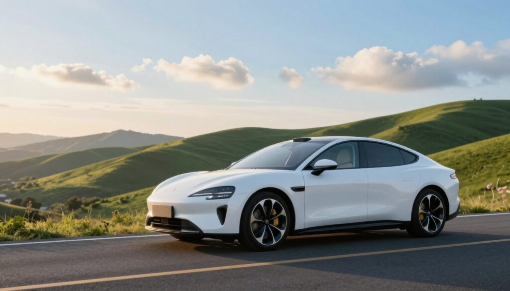 A sleek white car glistens under the soft glow of dawn, positioned elegantly on a winding road that symbolizes a journey of transformation and fresh beginnings. In the foreground, the car's smooth curves reflect the ethereal light, embodying purity and new opportunities. The middle ground features a backdrop of rolling green hills bathed in warm sunlight, invoking a sense of tranquility and possibility. A few fluffy clouds drift lazily in the azure sky, accentuating the serene atmosphere. The lighting should be soft and inviting, with a focus on highlighting the car's brilliant white color. Capture this scene with a wide-angle lens to emphasize the expansive landscape, creating a mood of hopefulness and spiritual awakening, perfect for illustrating the concept of dreams and the deeper significance of the color white. A sleek white car glistens under the soft glow of dawn, positioned elegantly on a winding road that symbolizes a journey of transformation and fresh beginnings. In the foreground, the car's smooth curves reflect the ethereal light, embodying purity and new opportunities. The middle ground features a backdrop of rolling green hills bathed in warm sunlight, invoking a sense of tranquility and possibility. A few fluffy clouds drift lazily in the azure sky, accentuating the serene atmosphere. The lighting should be soft and inviting, with a focus on highlighting the car's brilliant white color. Capture this scene with a wide-angle lens to emphasize the expansive landscape, creating a mood of hopefulness and spiritual awakening, perfect for illustrating the concept of dreams and the deeper significance of the color white.