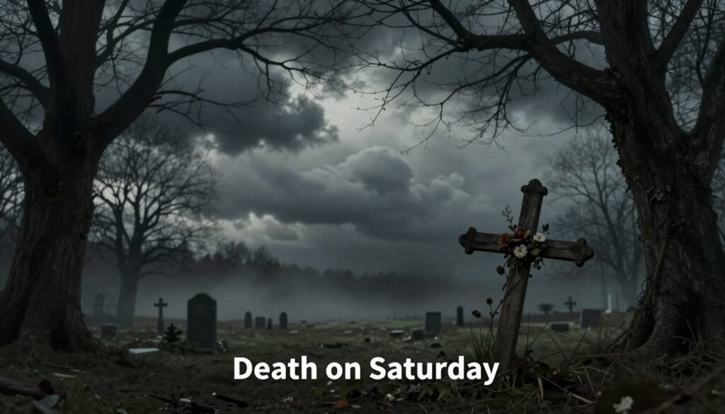 A somber scene depicting "Death on Saturday," inspired by traditional beliefs. In the foreground, a rustic wooden cross adorned with fading flowers rests on a patch of earth, symbolizing loss and remembrance. The middle ground features a cloudy sky, heavy with dark, swirling clouds, casting a dim light that creates an atmosphere of sadness and reflection. Shadowy silhouettes of bare trees frame the scene, their gnarled branches reaching out like ghostly hands. In the background, a distant cemetery can be seen, shrouded in mist, enhancing the eerie yet contemplative mood. The overall lighting is low and muted, emphasizing the themes of mourning and superstition associated with death on a Saturday. The viewpoint is slightly elevated, giving a sense of intimacy and introspection to the viewer.