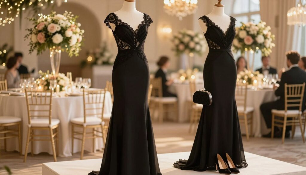A sophisticated black dress designed for a wedding setting, detailed with elegant lace trim and flowing fabric, showcasing a tailored silhouette. The foreground features a mannequin displaying the dress, adorned with delicate accessories like a matching clutch and stylish heels. In the middle ground, a softly lit, luxurious venue with festive decorations, including floral centerpieces and twinkling fairy lights, creates an inviting atmosphere. In the background, hints of guests in formal attire enjoying the celebration, blurred out to emphasize the dress. The lighting is warm and romantic, simulating golden hour sunlight, adding a touch of elegance. The mood is chic and festive, reflecting the complexities of wearing black at weddings. A sophisticated black dress designed for a wedding setting, detailed with elegant lace trim and flowing fabric, showcasing a tailored silhouette. The foreground features a mannequin displaying the dress, adorned with delicate accessories like a matching clutch and stylish heels. In the middle ground, a softly lit, luxurious venue with festive decorations, including floral centerpieces and twinkling fairy lights, creates an inviting atmosphere. In the background, hints of guests in formal attire enjoying the celebration, blurred out to emphasize the dress. The lighting is warm and romantic, simulating golden hour sunlight, adding a touch of elegance. The mood is chic and festive, reflecting the complexities of wearing black at weddings.