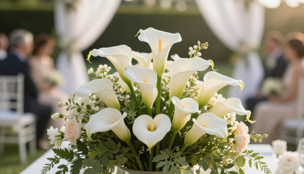 A stunning arrangement of white calla lilies symbolizing purity and elegance, displayed prominently in the foreground. The calla lilies are artistically arranged in a lush bridal bouquet, with delicate green foliage framing the flowers. In the middle ground, soft pastel-colored flowers subtly enhance the composition, adding depth without overshadowing the calla lilies. The background features a softly blurred outdoor wedding setting, such as a sunlit garden with hints of white drapery and blurred guests in formal attire to create an inviting atmosphere. The lighting is warm and soft, resembling golden hour, with a shallow depth of field that focuses on the bouquet, evoking a romantic and serene mood, perfect for illustrating cultural wedding traditions.