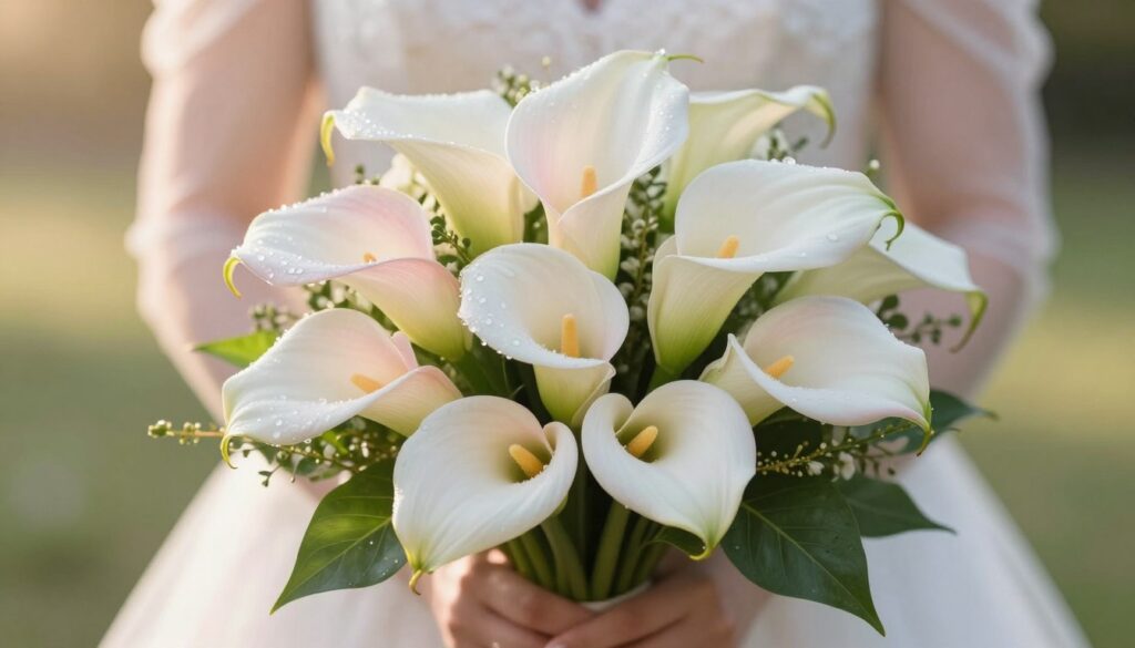 A stunning bridal bouquet featuring elegant calla lilies in varying shades of white and soft pink, arranged artistically among lush greenery. The focal point showcases the delicate and sleek shapes of the calla lilies, glistening with morning dew. In the background, a softly blurred outdoor wedding setting with light pastel hues captures a dreamy atmosphere. Golden hour lighting enhances the warmth, creating a romantic and inviting mood. The bouquet is centered in the foreground, displaying intricate details of each flower petal. The lush greens provide a natural contrast, while the gentle bokeh effect in the background adds depth and focus. The composition should evoke feelings of celebration and beauty, ideal for discussing wedding budget planning.