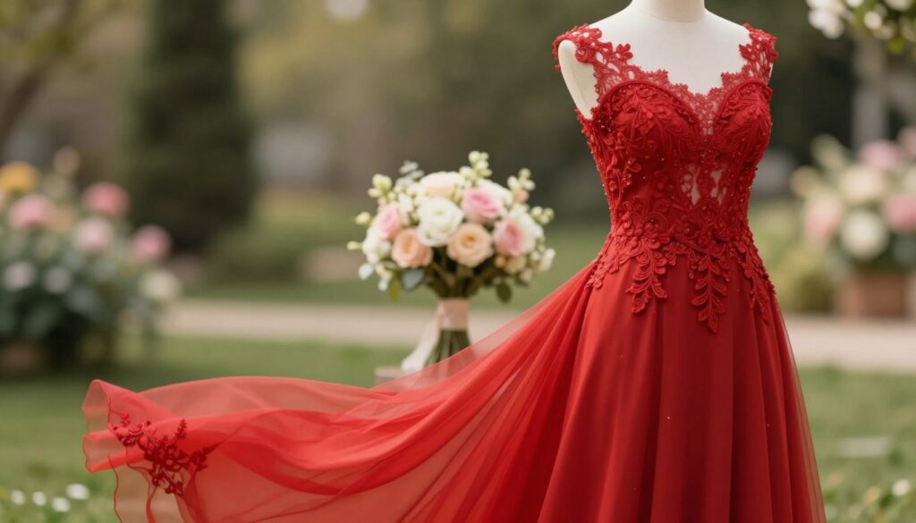 A stunning red dress designed for a wedding, elegantly showcasing a refined silhouette that flows gracefully. The dress features delicate lace detailing and a fitted bodice that enhances the figure. In the foreground, the dress is displayed on a mannequin, illuminated by soft, warm lighting that highlights the rich hues of red. In the middle ground, a softly blurred bridal bouquet complements the dress, adding a touch of romance. The background features a tasteful, softly blurred outdoor garden setting with hints of greenery and pastel flowers, creating a serene and celebratory atmosphere. The overall mood is one of elegance and sophistication, perfect for a wedding celebration. The image is captured from a slightly elevated angle to provide a flattering view of the dress and its details.