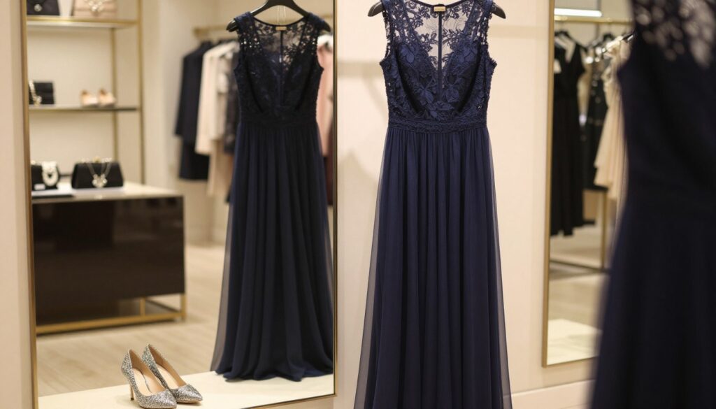 A stylish navy blue dress elegantly hanging on a mannequin in a softly lit boutique. The dress features delicate lace detailing along the neckline and flowing layers that cascade to the floor, creating an ethereal appearance. In the foreground, a pair of sparkling silver heels adds a touch of glamour. In the middle ground, a mirror reflects the intricate design of the dress, enhancing its beauty. The background showcases blurred silhouettes of stylish accessories, like a clutch and statement jewelry, to evoke a feeling of sophistication. The overall mood is one of elegance and charm, inviting the viewer to explore alternative colors for formal occasions, away from the traditional. The lighting is warm and inviting, casting soft shadows that enhance the textures of the fabric. A stylish navy blue dress elegantly hanging on a mannequin in a softly lit boutique. The dress features delicate lace detailing along the neckline and flowing layers that cascade to the floor, creating an ethereal appearance. In the foreground, a pair of sparkling silver heels adds a touch of glamour. In the middle ground, a mirror reflects the intricate design of the dress, enhancing its beauty. The background showcases blurred silhouettes of stylish accessories, like a clutch and statement jewelry, to evoke a feeling of sophistication. The overall mood is one of elegance and charm, inviting the viewer to explore alternative colors for formal occasions, away from the traditional. The lighting is warm and inviting, casting soft shadows that enhance the textures of the fabric.