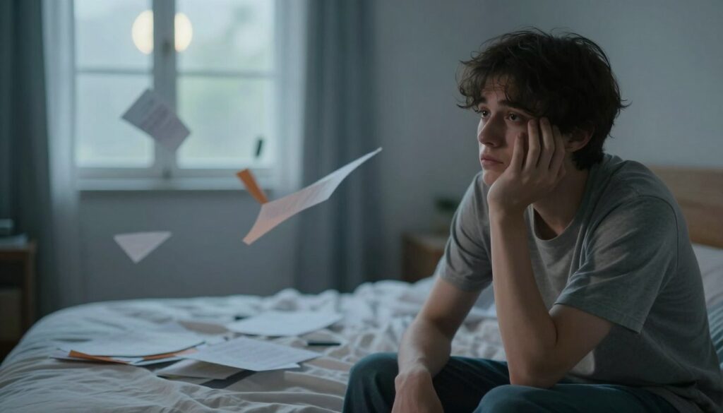 A surreal and introspective scene depicting a young adult sitting on a bed in a softly lit bedroom, looking contemplative and somewhat anxious. The foreground features the individual in modest casual clothing, their expression reflecting feelings of helplessness and introspection. In the middle, cluttered dreamlike elements swirl around them, representing chaotic thoughts and a sense of loss of control, like scattered papers and swirling colors. The background shows a softly blurred window, allowing gentle moonlight to filter in, enhancing the atmosphere of unease and contemplation. The overall mood should evoke feelings of unease and introspection, inviting the viewer into the mind's struggle with inner conflicts, all with a focus on soft shadows and a calming color palette.