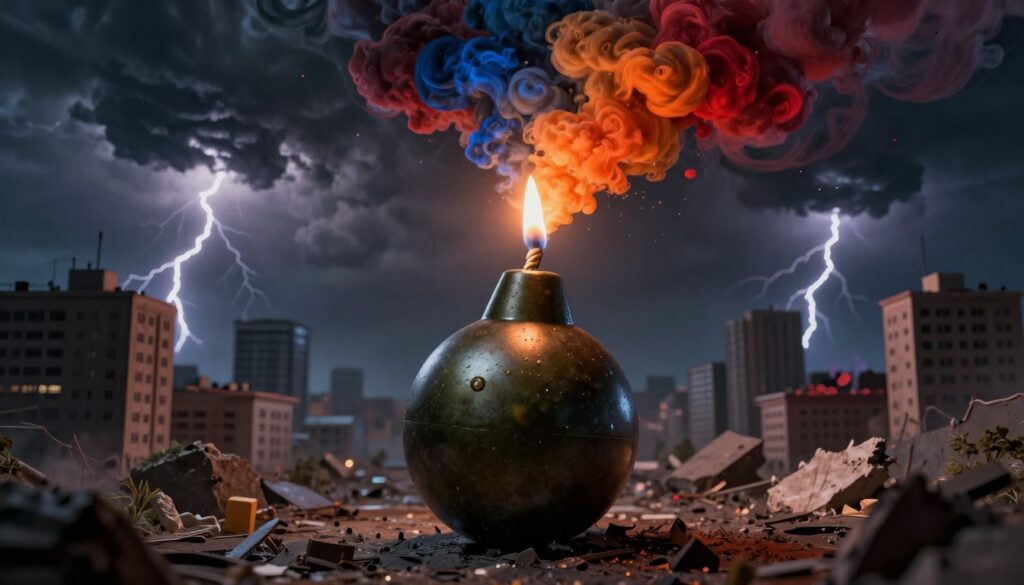 A surreal and powerful image depicting a bomb, symbolizing danger and emotional turmoil. In the foreground, a beautifully detailed, vintage-style bomb with a lit fuse, surrounded by a variety of colorful, chaotic emotions represented as swirling clouds of vivid colors like red, orange, and dark blue. The middle ground features a fragmented landscape of towering buildings and desolate streets, creating a sense of impending disaster. In the background, a stormy sky filled with ominous clouds and flashes of lightning adds to the tension. Soft, flickering light emanates from the bomb, casting dramatic shadows and emphasizing the threat it represents. The mood is intense and thought-provoking, encapsulating fear, anxiety, and the weight of suppressed emotions.