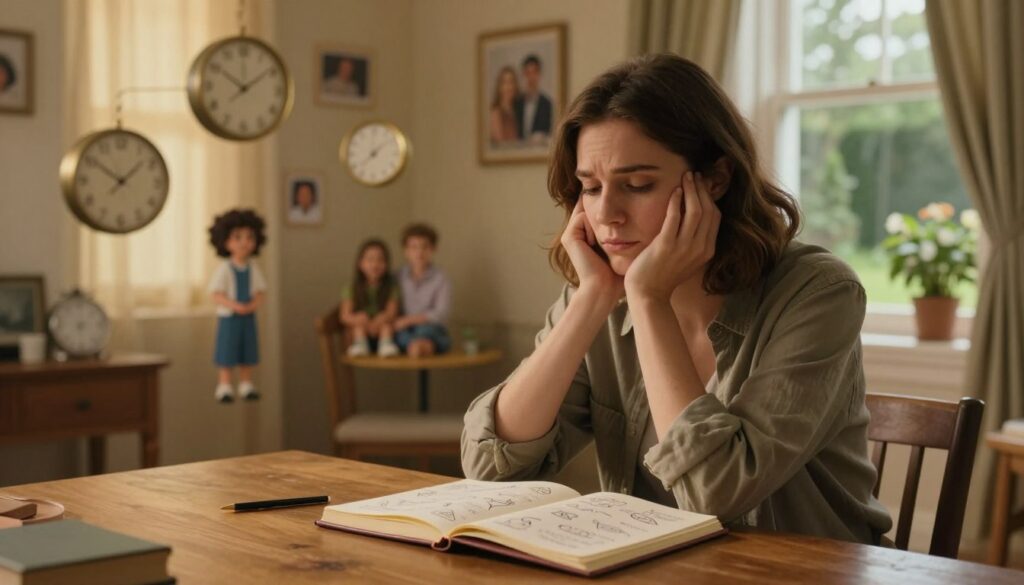 A surreal and thought-provoking image depicting the interpretation of a dream about a brother-in-law. In the foreground, a woman sits pensively at a wooden table, her face expressing contemplation. She wears modest casual clothing, with her hands gently cradling an open dream journal filled with doodles and symbols. The middle ground features whimsical dream-like elements, such as floating clocks and abstract representations of family ties, subtly interwoven with images of moments shared with family. In the background, a softly lit room with warm, golden tones creates a cozy atmosphere, dotted with family photographs and a window that shows a tranquil garden outside. The lighting is soft and inviting, enhancing an air of reflection and introspection, captured with a slightly blurred focus to evoke the dreamlike quality of the scene.