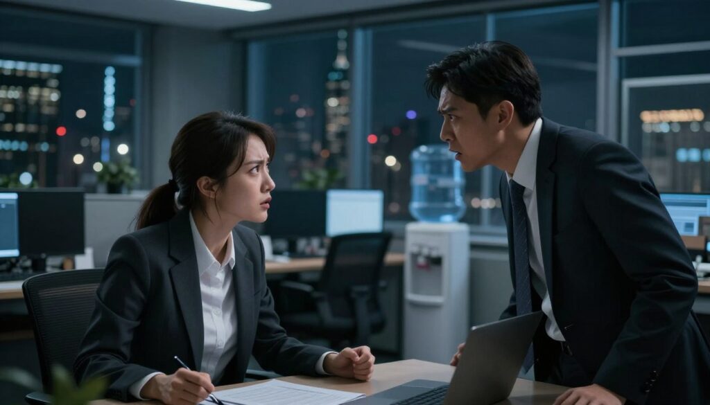 A surreal dreamscape depicting a corporate office environment. In the foreground, two professionals in business attire engage in a heated argument, their expressions filled with frustration and anger. The middle ground features blurred office furniture and a water cooler, emphasizing the tension in the air. The background shows a large window with a city skyline, indicating it’s nighttime with dim streetlights casting a somber glow. The lighting is dramatic, with deep shadows creating a sense of unease. The overall atmosphere should convey a feeling of conflict and suppressed emotions, highlighting the connection between work-related stress and dreams of physical confrontation. The angle is slightly tilted to enhance the surreal quality of the scene.