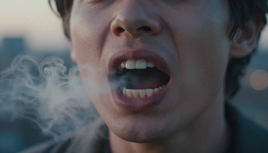 A surreal dreamscape depicting the concept of teeth falling out, symbolizing stress. In the foreground, a close-up of a person's mouth with noticeably missing teeth, rendered with intricate details of the gums and a hint of emotion in the expression. The middle layer features swirling, ethereal mist that evokes a sense of confusion and anxiety, with soft, dream-like colors merging together. The background is a blurred cityscape at twilight, representing everyday stress, with soft, diffused light casting shadows and enhancing the mood. The overall atmosphere should be contemplative and introspective, conveying the theme of anxiety and its impact on dreams. Use a shallow depth of field to emphasize the foreground while softening the background.