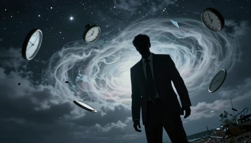 A surreal dreamscape depicting the role of an aggressor in dreams. In the foreground, a shadowy figure stands menacingly, dressed in a formal business suit, with a stern expression, symbolizing authority and fear. The middle layer features a soft, ethereal swirl of dream-related symbols, like fragmented mirrors and floating clocks, representing the complexity of dreams. In the background, a cloudy night sky filled with stars casts a strange glow, enhancing the dreamlike quality. The lighting is dim and moody, with deep contrasts highlighting the aggressor's silhouette against the dream symbols. The overall atmosphere is tense and thought-provoking, inviting viewers to ponder the implications of aggression within dreams. The angle is slightly tilted, adding an unsettling feeling to the scene. A surreal dreamscape depicting the role of an aggressor in dreams. In the foreground, a shadowy figure stands menacingly, dressed in a formal business suit, with a stern expression, symbolizing authority and fear. The middle layer features a soft, ethereal swirl of dream-related symbols, like fragmented mirrors and floating clocks, representing the complexity of dreams. In the background, a cloudy night sky filled with stars casts a strange glow, enhancing the dreamlike quality. The lighting is dim and moody, with deep contrasts highlighting the aggressor's silhouette against the dream symbols. The overall atmosphere is tense and thought-provoking, inviting viewers to ponder the implications of aggression within dreams. The angle is slightly tilted, adding an unsettling feeling to the scene.