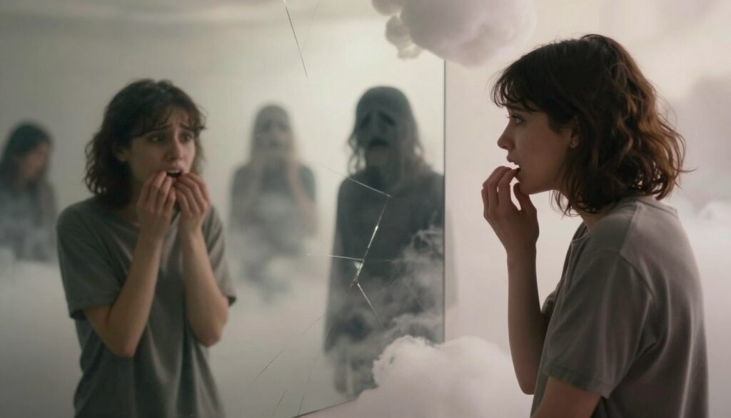 A surreal scene depicting emotional reactions to tooth loss, set in a softly lit dreamscape. In the foreground, a person in modest casual clothing stands with a troubled expression, gazing at a reflection in a cracked mirror, symbolizing vulnerability and anxiety. Their hands hover near their mouth, highlighting the absence of teeth. In the middle ground, shadowy figures with exaggerated, sorrowful expressions are fading into a mist, representing the collective emotion of loss and fear. The background features ethereal clouds, gently illuminated by a warm, diffused light that creates a haunting yet serene atmosphere, evoking a sense of introspection and mystery. The focus is sharp on the foreground, with a slight blur on the background to emphasize the dream-like quality of the scene.