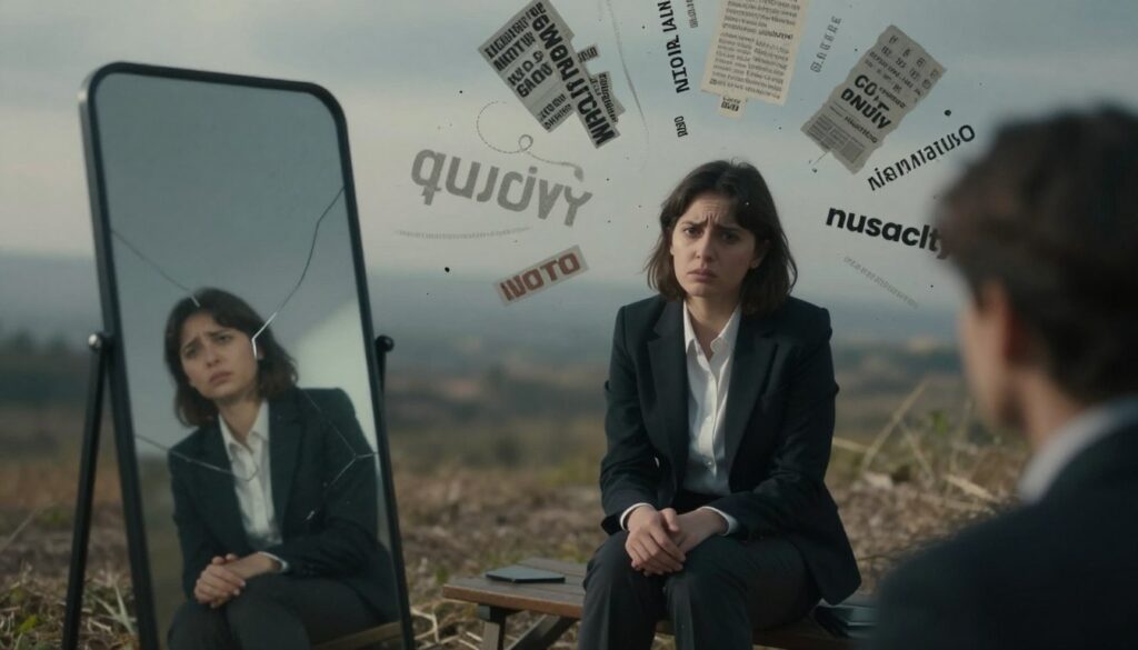 A surreal, thought-provoking scene illustrating the concept of how misapplied affirmations can be harmful. In the foreground, a reflective mirror showing a fragmented self-image, symbolizing confusion. The middle ground features a person dressed in professional business attire, sitting with a perplexed expression, surrounded by swirling, chaotic words and images representing negative thoughts. The background is a blurred, abstract landscape filled with dull colors that evoke a sense of unease. Soft, diffused lighting creates an ethereal atmosphere, with highlights casting shadows that suggest inner turmoil. The composition conveys a serious mood, focusing on the impact of incorrect affirmation practices, emphasizing the struggle between positivity and self-doubt.