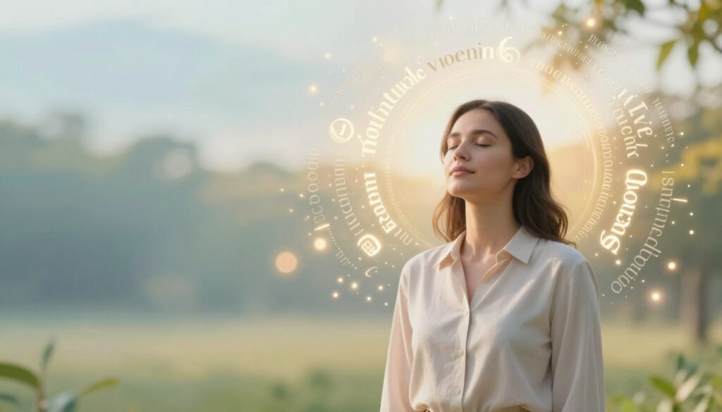A symbolic representation of psychological mechanisms associated with positive affirmations. In the foreground, a serene woman in smart casual clothing, perhaps a light blouse, stands with her eyes closed, radiating confidence and inner strength. She is surrounded by swirling, ethereal words and symbols that represent positivity and strength, glowing softly around her. In the middle ground, a warm, abstract blend of colors—soft blues, yellows, and greens—creates a calming atmosphere. The background features subtle images of a tranquil landscape, with soft-focus trees and gentle sunlight filtering through, casting a warm glow. Soft, diffused lighting enhances the uplifting mood, captured with a slight soft-focus lens effect. The overall atmosphere conveys empowerment and tranquility, inviting the viewer into a reflective space on self-improvement.