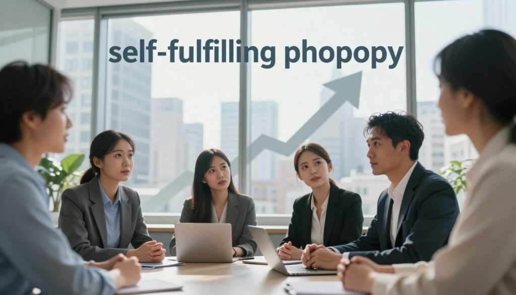 A thought-provoking depiction of a "self-fulfilling prophecy" set in a modern office environment. In the foreground, a professional, diverse group of individuals is engaged in a conversation, their expressions reflecting anticipation and determination. In the middle ground, a large office window displays a bustling cityscape, symbolizing the external influences on their decisions. In the background, a subtle upward arrow motif is woven into the glass design, representing growth and expectation. The lighting is bright and natural, emanating from the window, casting soft shadows and creating an inspiring atmosphere. The composition is framed with a slight wide-angle lens to enhance depth, inviting viewers into the scene. The overall mood is one of optimism and reflection on the impact of beliefs on actions.