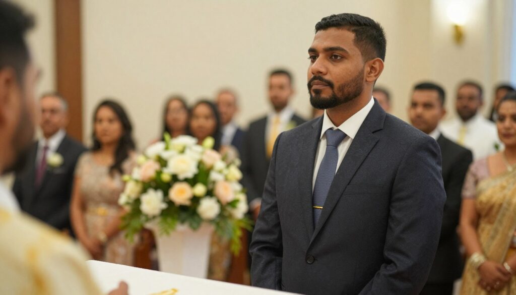 A thoughtful depiction of an engaged male witness at a wedding ceremony, dressed in a sleek, classic business suit with subtle traditional patterns, exuding a sense of duty and pride. In the foreground, the witness stands slightly to the right, gazing thoughtfully towards the altar, his expression contemplative and respectful. The middle ground features a beautifully decorated altar adorned with soft floral arrangements and gentle lighting, creating a warm and inviting atmosphere. The background reveals an elegant wedding setting with guests in formal attire, softly blurred to emphasize the witness's significance. Natural, warm lighting casts a soft glow, enhancing the emotional weight of the moment. The overall mood is a blend of reverence and tradition, embodying the cultural beliefs surrounding the marital witness's civil status.