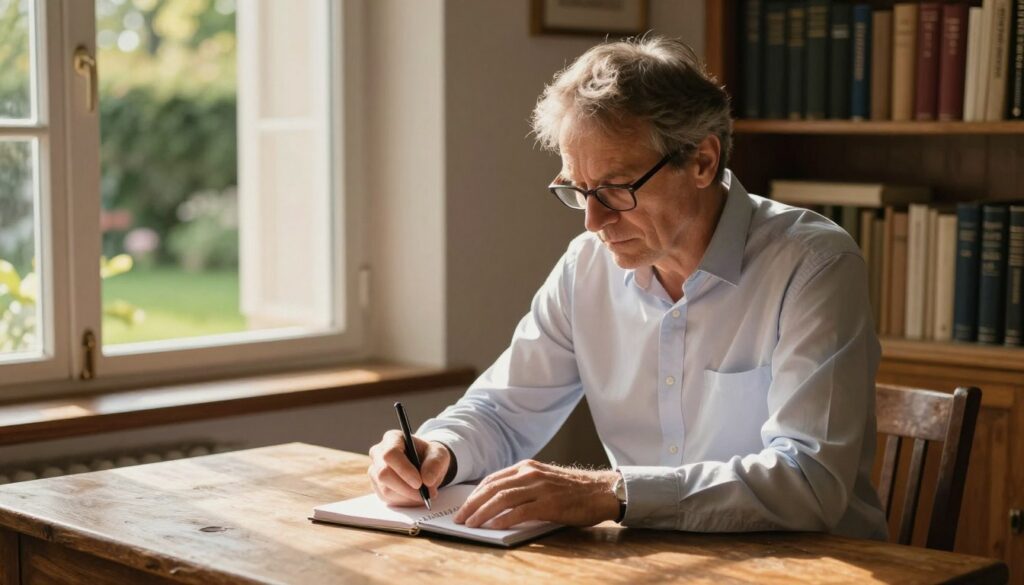 A thoughtful middle-aged man, resembling Wojciech Glanc, sits at a rustic wooden desk, engaging in deep concentration as he writes on a notepad. He wears a smart casual outfit, consisting of a crisp, button-down shirt and charcoal trousers. His expression reflects wisdom and introspection, with glasses perched on his nose. In the foreground, an open window reveals a lush garden bathed in warm, golden sunlight, casting soft shadows across the room, enhancing the contemplative atmosphere. In the background, bookshelves filled with various texts on predictions and philosophy establish a scholarly environment. The lighting is natural, creating a serene ambiance that invites viewers into his world of visions and insights. The image captures the essence of a modern visionary, grounded in both knowledge and creativity.