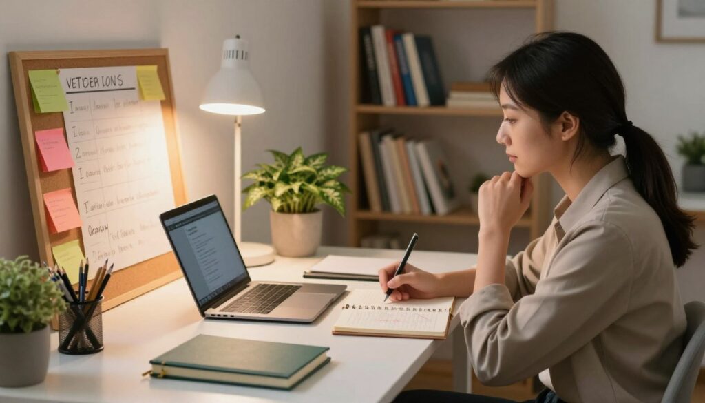A tranquil coaching workspace, featuring a stylish desk with various personal development tools such as journals, a vision board, colorful sticky notes, and a laptop. In the foreground, a focused coach in professional attire, seated with a notepad, engaged in thoughtful reflection. In the middle ground, a potted plant adds a touch of nature, and a soft light illuminates the scene, creating a calm and inspiring atmosphere. The background showcases a bookshelf filled with books on coaching and personal growth, with cozy, warm lighting that enhances the inviting feel of the space. The overall mood is one of motivation and creativity, ideal for fostering personal development through coaching techniques.