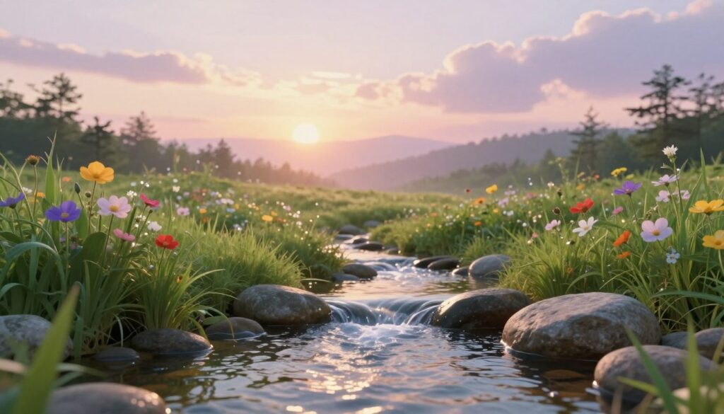A tranquil dreamscape reflecting the theme of purification, featuring a serene, softly glowing landscape at sunrise. In the foreground, a gentle stream of clear, purifying water flows over smooth stones, symbolizing cleansing. The middle ground showcases lush greenery and vibrant flowers, representing renewal and hope. The background is a calming sky in soft pastel colors, with wisps of clouds illuminated by the rising sun. The atmosphere is peaceful and reflective, evoking a sense of calm and clarity. The lighting is warm and inviting, casting soft shadows that enhance the tranquil mood. No human figures are present, focusing entirely on the enchanting natural elements of the scene.
