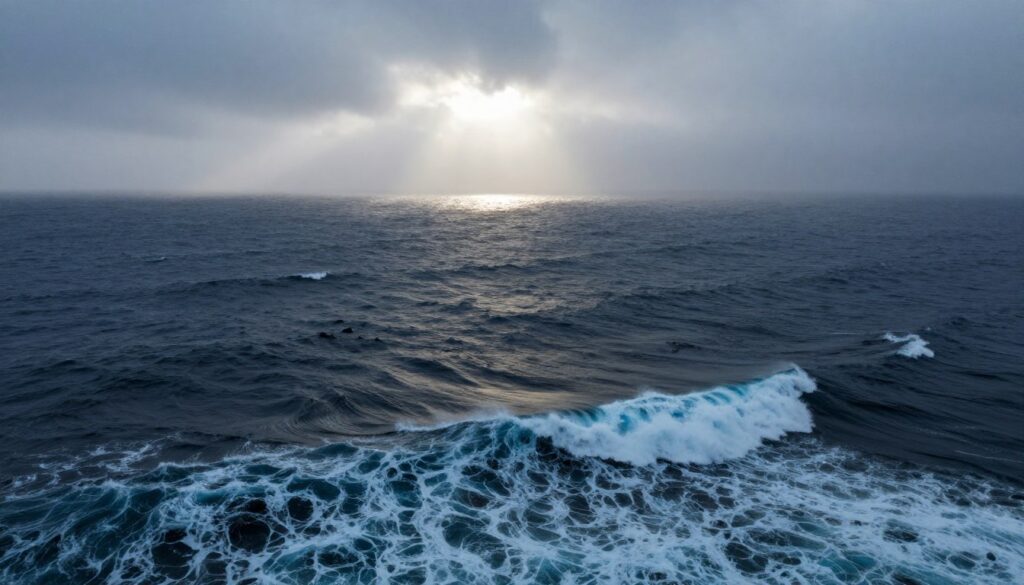 A vast, turbulent ocean embodies a symbol of unconsciousness and mystery, with deep, dark blue waves crashing against each other in the foreground. The middle layer features shadowy outlines of marine life beneath the surface, hinting at the unknown, while a foggy horizon merges with a slightly overcast sky in the background, casting a moody light. Soft rays of sunlight struggle to break through the clouds, creating a dim, ethereal glow that highlights the cresting waves and enhances the sense of chaos and unease. An aerial view captures the swirling patterns of the ocean, suggesting both beauty and turmoil, inviting contemplation about deeper emotions and the hidden aspects of the psyche. The overall atmosphere conveys a feeling of introspection and mystery, evoking the complexities of human experience. A vast, turbulent ocean embodies a symbol of unconsciousness and mystery, with deep, dark blue waves crashing against each other in the foreground. The middle layer features shadowy outlines of marine life beneath the surface, hinting at the unknown, while a foggy horizon merges with a slightly overcast sky in the background, casting a moody light. Soft rays of sunlight struggle to break through the clouds, creating a dim, ethereal glow that highlights the cresting waves and enhances the sense of chaos and unease. An aerial view captures the swirling patterns of the ocean, suggesting both beauty and turmoil, inviting contemplation about deeper emotions and the hidden aspects of the psyche. The overall atmosphere conveys a feeling of introspection and mystery, evoking the complexities of human experience.