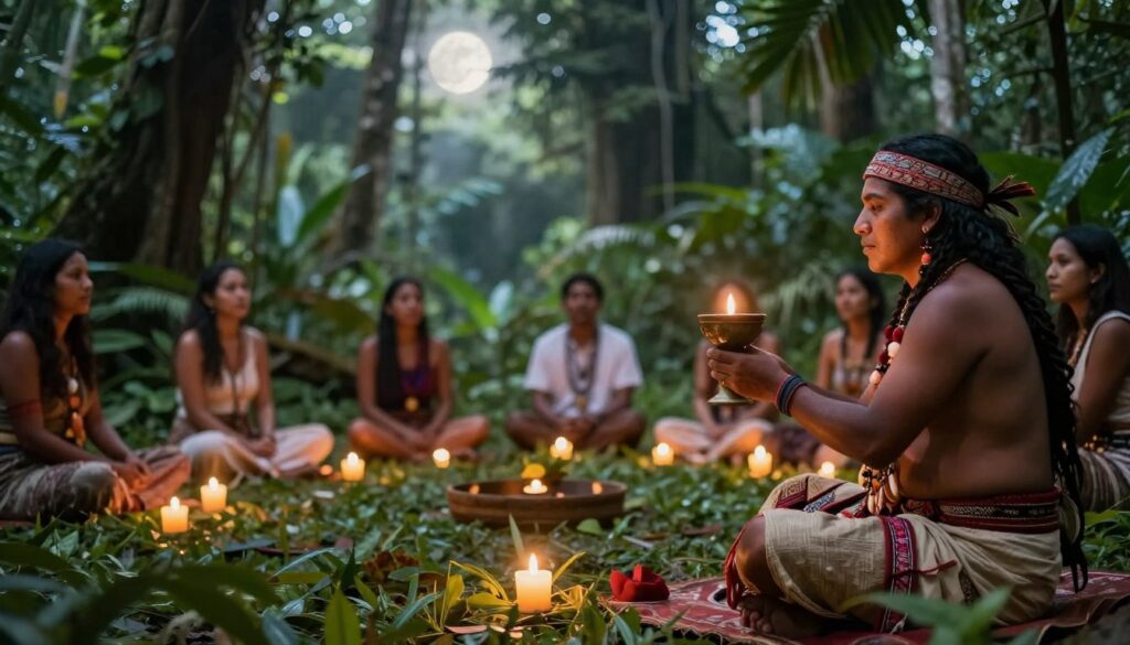 A vibrant ayahuasca ceremony in a serene jungle setting, featuring a shaman guiding participants seated in a circle on lush greenery. In the foreground, portray the shaman in traditional attire, with a calm, focused expression, as he holds a ceremonial cup. In the middle ground, depict participants in modest clothing, engaged in deep introspection, each surrounded by softly glowing candles. The background should include dense jungle foliage, with rays of gentle moonlight filtering through the leaves, creating a mystical ambiance. Utilize soft, warm lighting to enhance the spiritual and tranquil atmosphere, with a shallow depth of field to focus on the shaman and participants, conveying a sense of connection and reverence for the ritual.