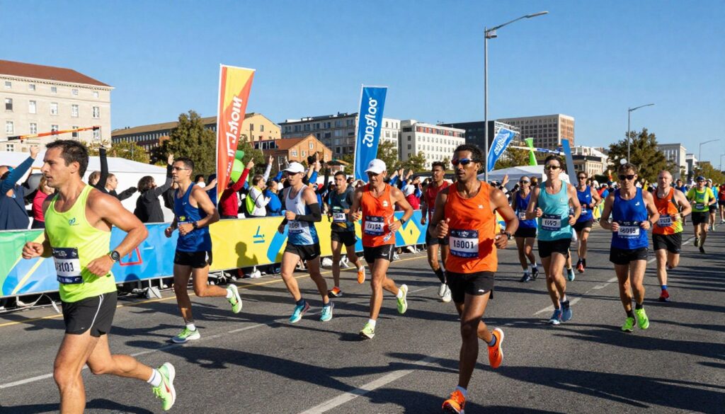A vibrant scene capturing the excitement of a competitive running event, featuring a diverse group of runners in action during a marathon. In the foreground, athletes in bright, professional athletic wear sprint energetically, showcasing determination and focus. The middle layer features cheering spectators holding colorful banners, their expressions full of encouragement and enthusiasm. In the background, a sunlit cityscape with iconic buildings and a clear blue sky enhances the atmosphere of the event. The lighting is bright and dynamic, reflecting the energy of the race, and a wide-angle lens captures both the intensity of the runners and the cheers of the crowd. The overall mood is exhilarating and inspiring, emphasizing the spirit of competition and community in sports.
