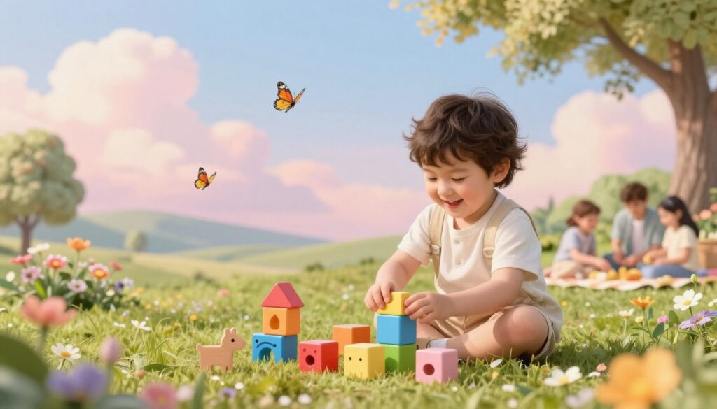 A whimsical and engaging scene featuring an imaginative representation of a child in a soft, dreamy landscape. In the foreground, a cheerful child plays with colorful building blocks shaped like various animals, symbolizing the traditional beliefs about gender and appearance associated with children. The middle ground showcases a gentle, pastel-hued sky with fluffy clouds, while a serene park with blooming flowers and playful butterflies creates a lively atmosphere. In the background, there's a hint of a family enjoying a picnic, hinting at joy and togetherness. Use warm, natural lighting to evoke a sense of innocence and wonder, captured with a slight lens blur on the background for a depth-of-field effect that draws attention to the child and their playful environment. A whimsical and engaging scene featuring an imaginative representation of a child in a soft, dreamy landscape. In the foreground, a cheerful child plays with colorful building blocks shaped like various animals, symbolizing the traditional beliefs about gender and appearance associated with children. The middle ground showcases a gentle, pastel-hued sky with fluffy clouds, while a serene park with blooming flowers and playful butterflies creates a lively atmosphere. In the background, there's a hint of a family enjoying a picnic, hinting at joy and togetherness. Use warm, natural lighting to evoke a sense of innocence and wonder, captured with a slight lens blur on the background for a depth-of-field effect that draws attention to the child and their playful environment.
