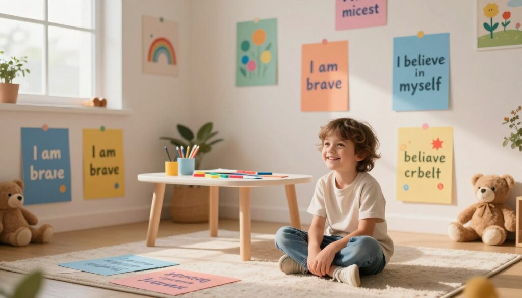 A whimsical scene depicting a cozy, child-friendly room filled with colorful affirmations for kids. In the foreground, a cheerful child, wearing modest and casual clothing, is sitting cross-legged on a soft rug, smiling and surrounded by vibrant posters displaying uplifting phrases like "I am brave" and "I believe in myself." In the middle, a small table features art supplies scattered about, and a gentle light spills in from a window, illuminating the space with a warm glow. The background is decorated with playful wall art, soft pastel colors, and plush toys that create a welcoming atmosphere. The overall mood should be uplifting and empowering, evoking a sense of safety and positivity.
