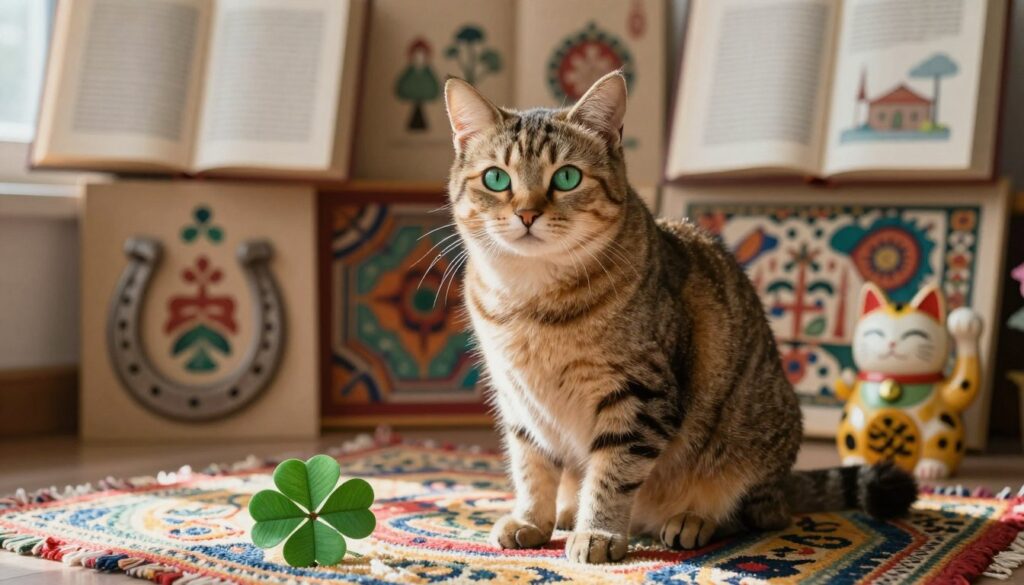 A wise-looking cat with deep green eyes sits regally on a colorful woven rug, surrounded by various cultural symbols of luck, such as a horseshoe, a four-leaf clover, and a Chinese lucky cat figurine. In the foreground, the cat's fur is textured and detailed, reflecting a gentle sunlight filtering through a nearby window, casting soft shadows. The middle ground features intricate, abstract patterns representing different cultural motifs, blending seamlessly into one another, celebrating global beliefs in superstitions and luck. In the background, soft-focus images of open books with illustrations of superstitions from around the world create a warm, inviting atmosphere. The overall mood is one of curiosity and contemplation, inviting the viewer to reflect on the intersection of tradition and belief.