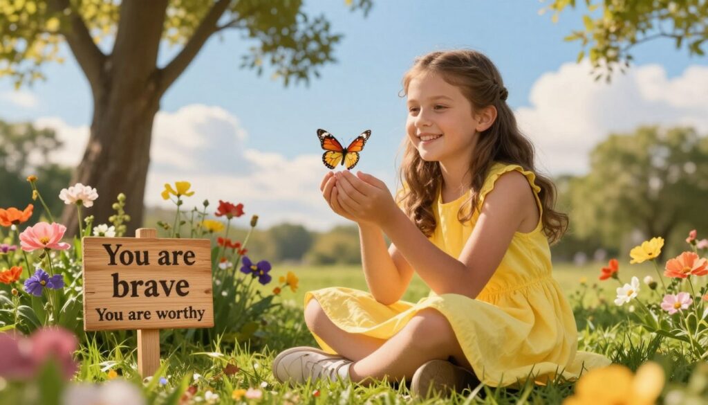 A young girl, around 8 years old, sits on the grass in a sunlit park, surrounded by colorful flowers. She is wearing a bright yellow dress and smiling, her eyes sparkling with joy and confidence. In the foreground, a small wooden sign with positive affirmations like "You are brave" and "You are worthy" leans against a tree. In the middle, the girl holds a small butterfly gently in her hands, symbolizing transformation and freedom. The background shows a clear blue sky, with soft, fluffy clouds and a few trees swaying gently in the breeze. The lighting is warm and inviting, casting a golden hour glow over the scene, creating an atmosphere of positivity and encouragement. The angle captures the girl from a slight low perspective, emphasizing her strength and spirit.