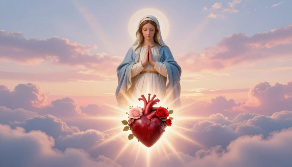 An immaculate heart surrounded by bright rays of light, symbolizing purity and love. The foreground features a vibrant heart encircled by delicate roses, representing faith and devotion. In the middle ground, a serene Virgin Mary figure, dressed in a flowing robe with blue and white tones, stands gracefully, uplifting her hands in prayer. Her expression is calm and wise, radiating a sense of hope. The background consists of an ethereal sky transitioning from soft pastels to a gentle sunset glow, filled with fluffy clouds. The overall lighting is warm and inviting, evoking a peaceful atmosphere. The perspective is slightly elevated, as if viewed from a gentle rise, creating a sense of reverence and tranquility.