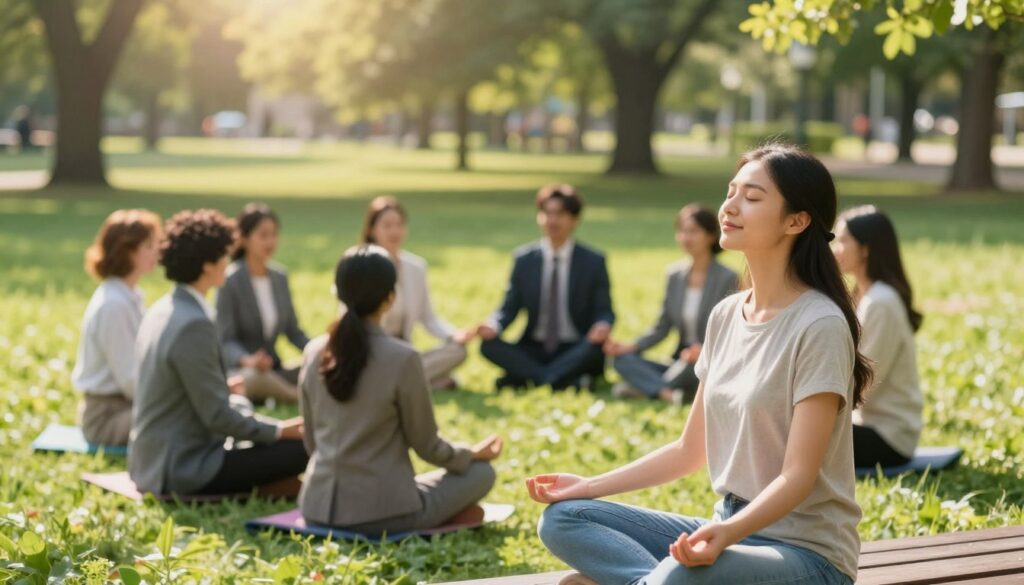 An inviting scene illustrating the concept of gratitude, featuring a serene park in the foreground. A young woman in modest casual clothing sits on a bench, taking deep breaths, with her eyes closed and a gentle smile reflecting inner peace. In the middle ground, a group of diverse individuals, dressed in professional business attire, are gathered, practicing mindfulness and sharing positive affirmations. The background showcases a lush green landscape with soft sunlight filtering through the trees, creating a warm and uplifting atmosphere. The composition is captured from a slightly elevated angle, emphasizing the harmonious interactions and the natural beauty, while soft focus adds a dreamy quality. The overall mood radiates positivity and tranquility, highlighting the psychological benefits of gratitude.