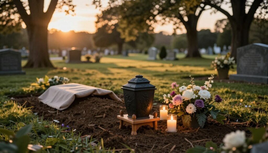 An urn burial scene set in a serene cemetery during a soft sunset. In the foreground, a beautifully designed urn rests on a simple wooden stand, surrounded by delicate flowers and candles flickering gently. The middle ground features an open grave with freshly turned earth, partially covered with a soft fabric, symbolizing respect and tranquility. In the background, gently swaying trees and distant gravestones create a peaceful ambiance. The lighting is warm and golden, casting long shadows and enhancing the solemn yet calming atmosphere. The focus is on the urn and floral arrangement, with a shallow depth of field to evoke a sense of intimacy and reverence.