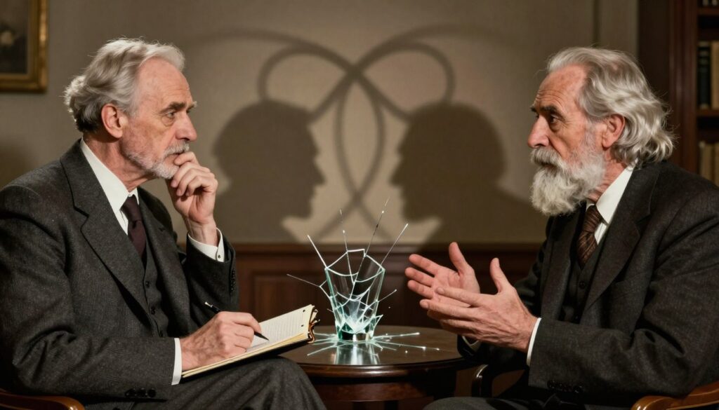 Freud and Jung engage in a thoughtful dialogue amid a symbolic landscape reflecting their theories on aggression. In the foreground, Freud, depicted as a middle-aged man with a thoughtful expression, wears a tailored suit and holds a notepad, symbolizing his analytical approach. Jung, also in professional attire but with a warmer demeanor, gestures with his hands to emphasize his ideas. In the middle ground, abstract representations of conflict—a shattered glass and entwined shadows—illustrate their differing views on aggression and defense mechanisms. The background features a dimly lit room with soft, warm lighting to create an intimate yet serious atmosphere, casting gentle shadows to enhance the mood of deep contemplation. The image should emphasize the tension and collaboration between the two great minds without including any text, ensuring a focus on their intellectual exchange. Freud and Jung engage in a thoughtful dialogue amid a symbolic landscape reflecting their theories on aggression. In the foreground, Freud, depicted as a middle-aged man with a thoughtful expression, wears a tailored suit and holds a notepad, symbolizing his analytical approach. Jung, also in professional attire but with a warmer demeanor, gestures with his hands to emphasize his ideas. In the middle ground, abstract representations of conflict—a shattered glass and entwined shadows—illustrate their differing views on aggression and defense mechanisms. The background features a dimly lit room with soft, warm lighting to create an intimate yet serious atmosphere, casting gentle shadows to enhance the mood of deep contemplation. The image should emphasize the tension and collaboration between the two great minds without including any text, ensuring a focus on their intellectual exchange.