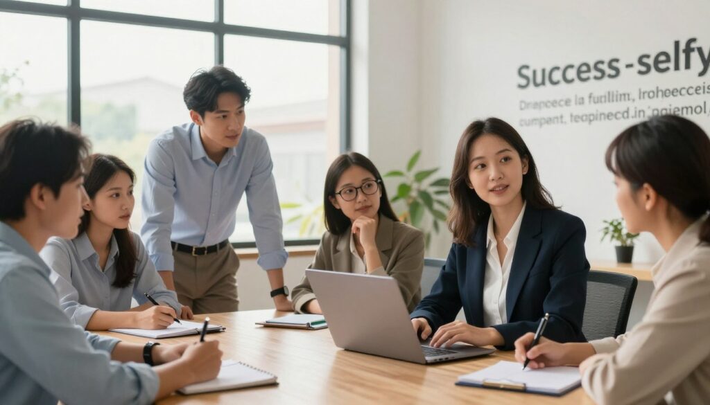 In a professional office environment, a diverse group of colleagues is engaged in a collaborative meeting. In the foreground, a confident woman in a business suit presents her ideas using a laptop, surrounded by attentive colleagues taking notes. In the middle, a man in a smart casual shirt leans forward, exhibiting eager interest, while a woman with glasses nods thoughtfully, reflecting positive expectations. In the background, large windows let in warm, natural light, creating an inviting, optimistic atmosphere. The walls are adorned with motivational quotes about success and teamwork. The room is well-organized, with a round table and plants, emphasizing a productive setting. The overall mood conveys the impact of expectations on interpersonal dynamics, highlighting the concept of self-fulfilling prophecies in professional relationships.