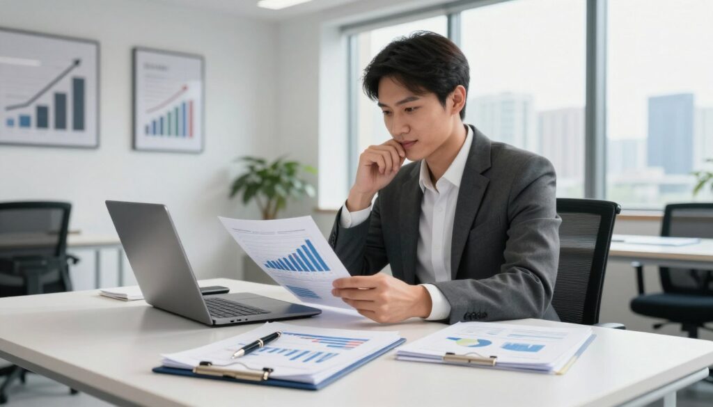 In a well-lit modern office space, a confident, professional person in business attire is sitting at a sleek desk with financial charts and a laptop open in front of them. The foreground showcases a stack of financial reports and a stylish pen, symbolizing control over finances. In the middle, the person is intently reviewing income graphs with a thoughtful expression, illuminated by soft natural light filtering through a large window. The background features a minimalistic office design with motivational financial artwork on the walls and a view of a bustling city skyline. The overall mood is optimistic and focused, highlighting financial control and stability, with an emphasis on professionalism and success.